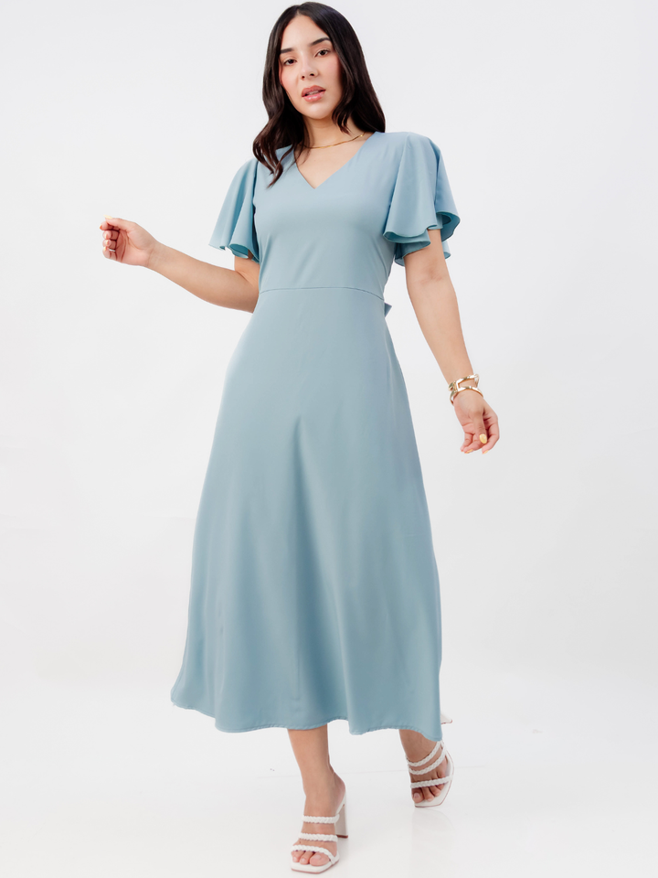 VESTIDO EN CORTE A CON LAZO GLENDA CEMENTO