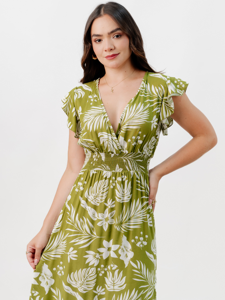 VESTIDO CASUAL LARGO SAYURI VERDE FLOREADO