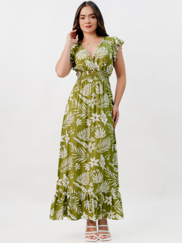 VESTIDO CASUAL LARGO SAYURI VERDE FLOREADO