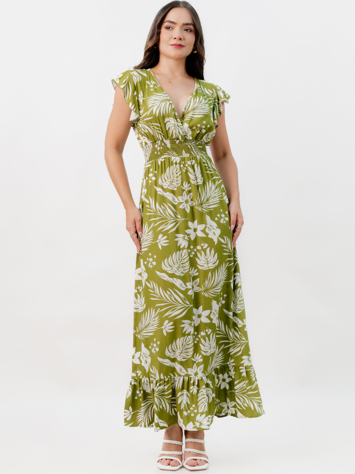VESTIDO CASUAL LARGO SAYURI VERDE FLOREADO