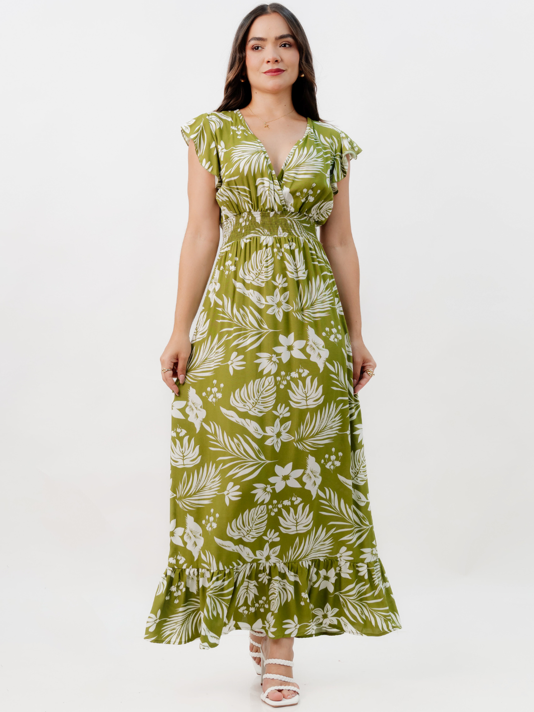 VESTIDO CASUAL LARGO SAYURI VERDE FLOREADO