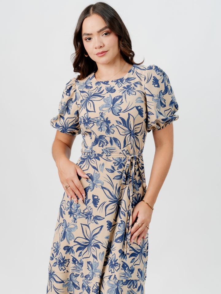 VESTIDO CASUAL LARGO OLIVIA NUDE/AZUL