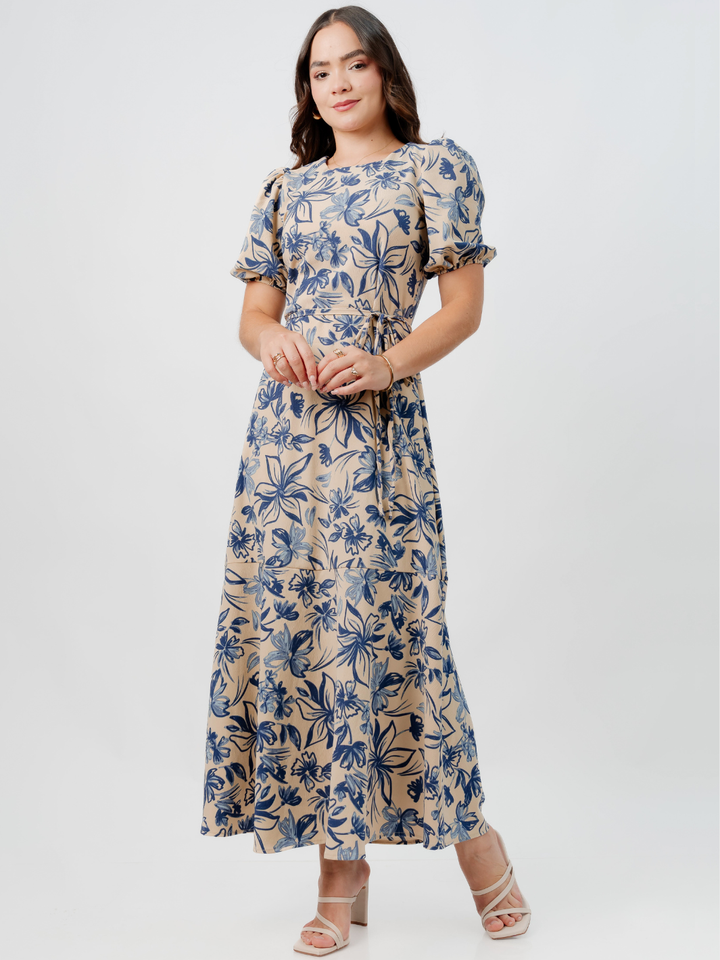 VESTIDO CASUAL LARGO OLIVIA NUDE/AZUL