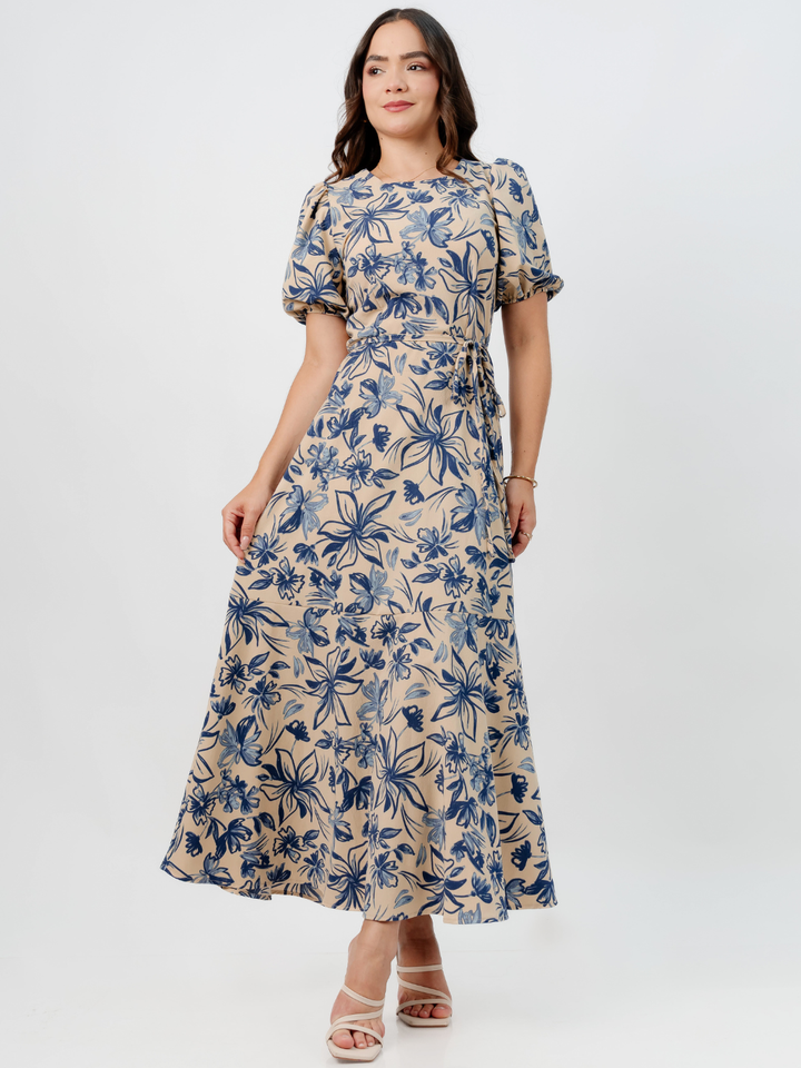 VESTIDO CASUAL LARGO OLIVIA NUDE/AZUL