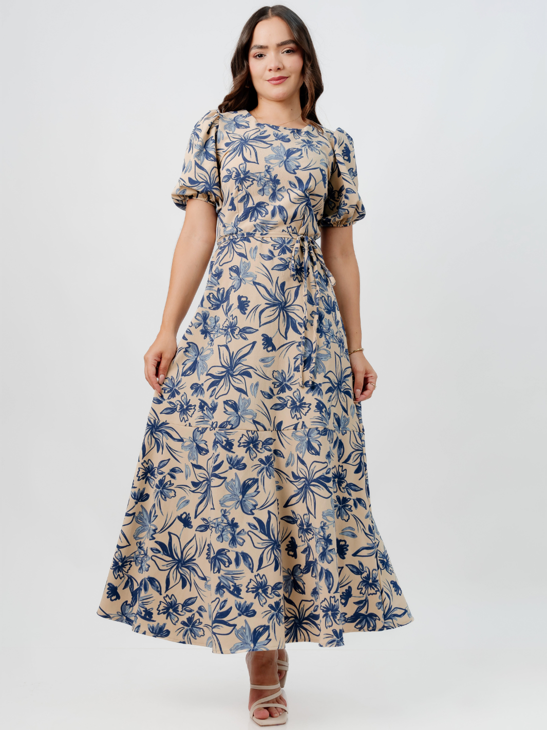 VESTIDO CASUAL LARGO OLIVIA NUDE/AZUL