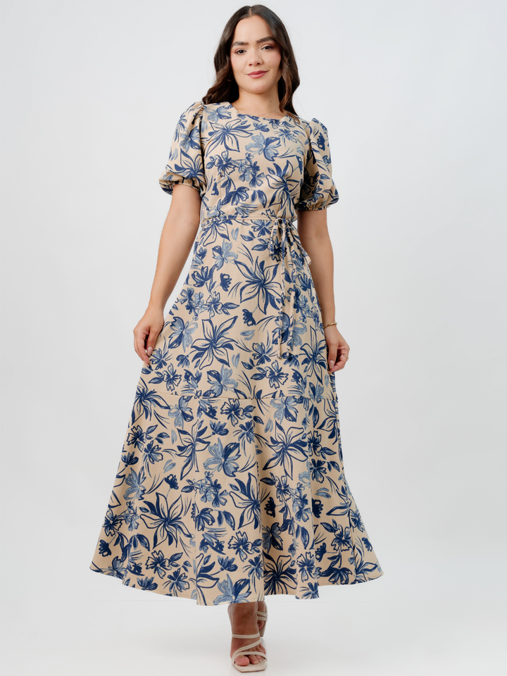 VESTIDO CASUAL LARGO OLIVIA NUDE/AZUL