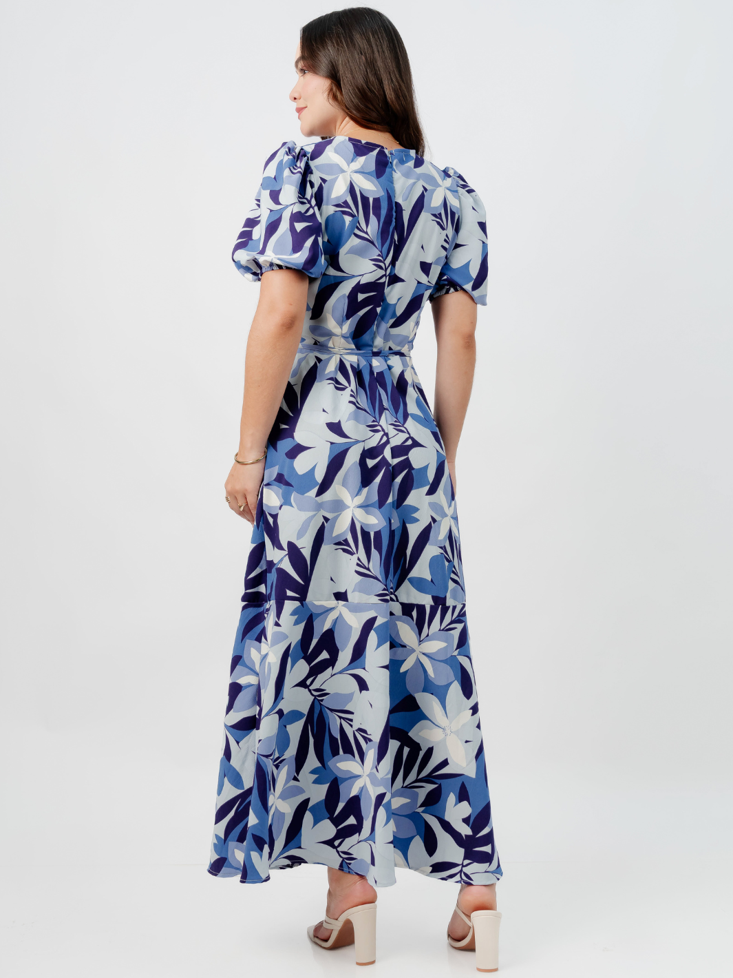 VESTIDO CASUAL LARGO OLIVIA CELESTE FLOREADO