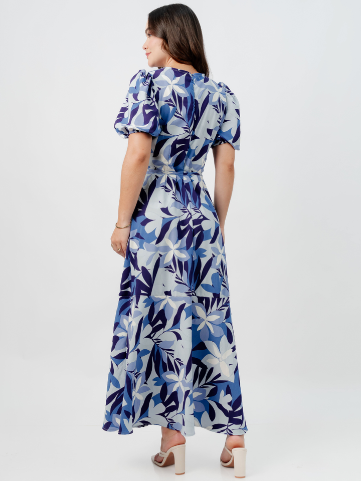 VESTIDO CASUAL LARGO OLIVIA CELESTE FLOREADO