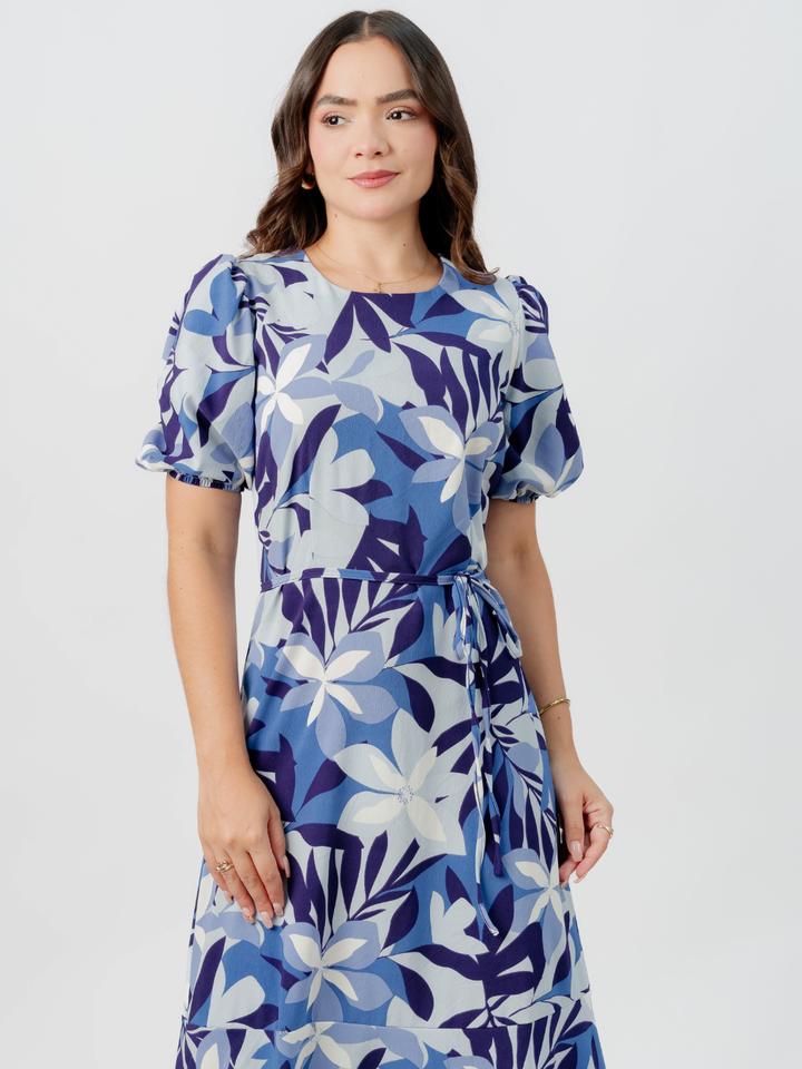 VESTIDO CASUAL LARGO OLIVIA CELESTE FLOREADO