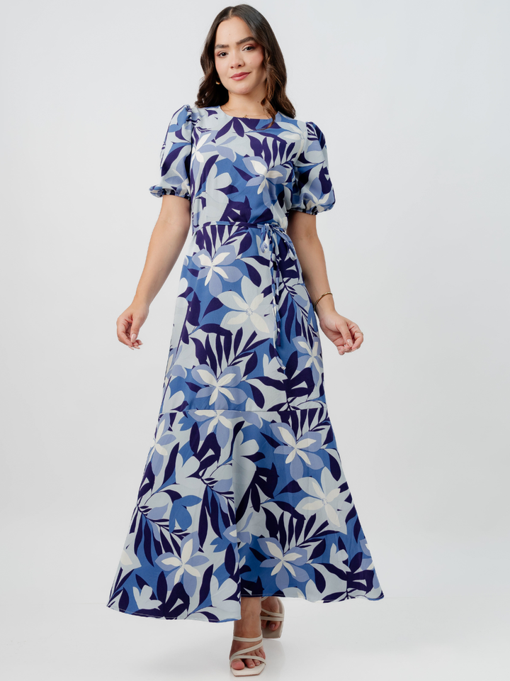 VESTIDO CASUAL LARGO OLIVIA CELESTE FLOREADO