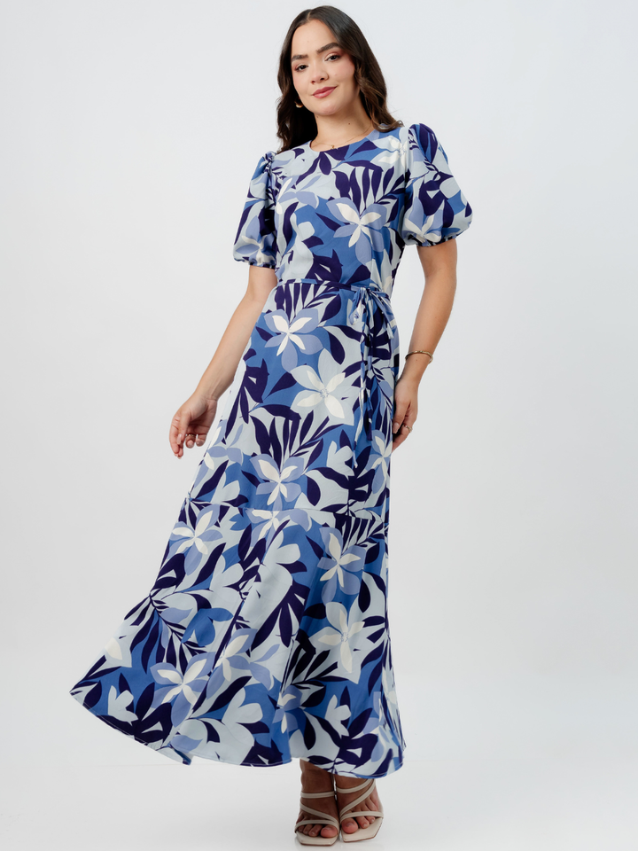VESTIDO CASUAL LARGO OLIVIA CELESTE FLOREADO