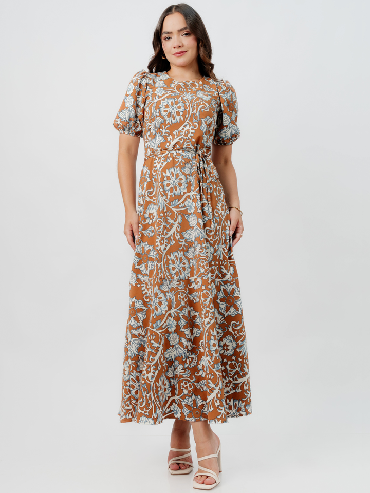 VESTIDO CASUAL LARGO OLIVIA CAMEL/PERLA