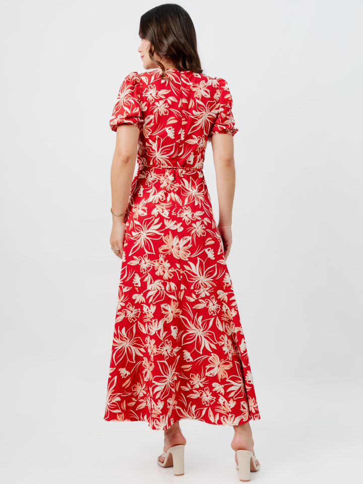 VESTIDO CASUAL LARGO OLIVIA ROJO FLOREADO
