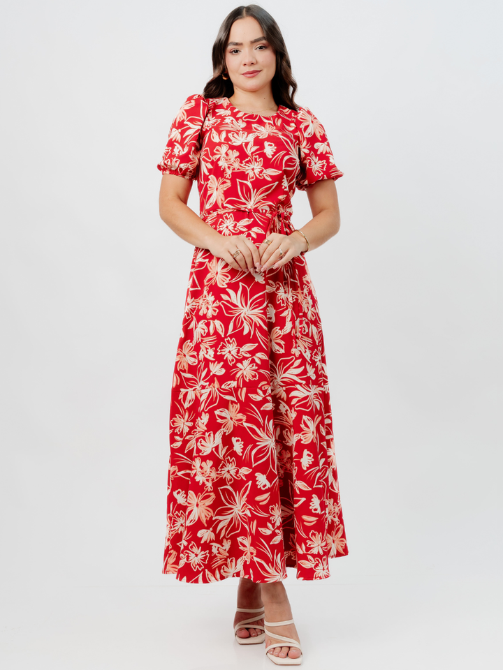 VESTIDO CASUAL LARGO OLIVIA ROJO FLOREADO