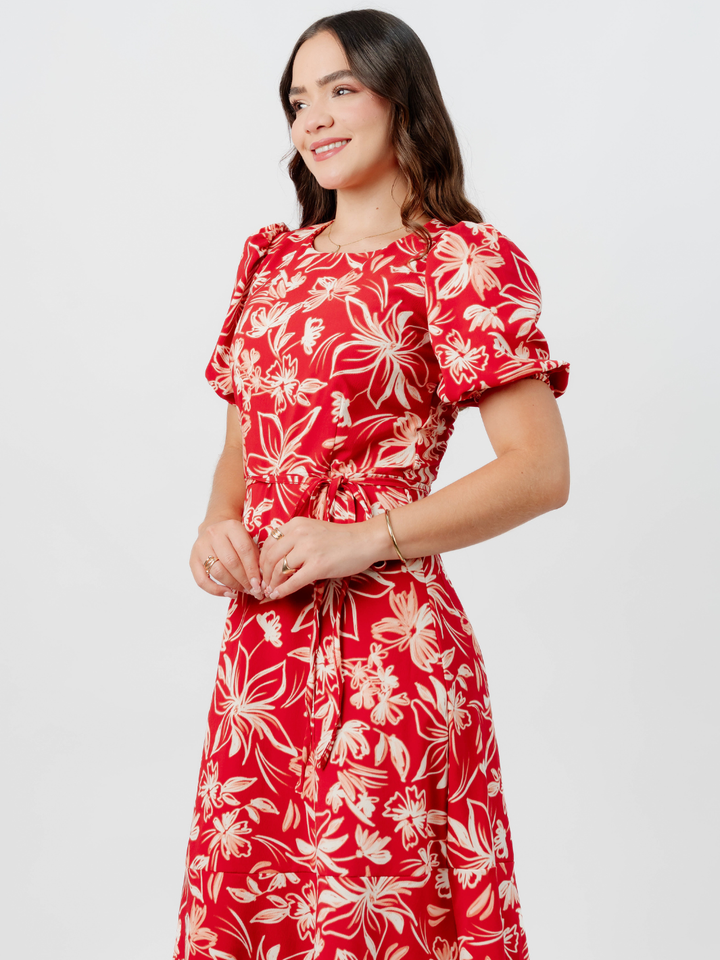 VESTIDO CASUAL LARGO OLIVIA ROJO FLOREADO