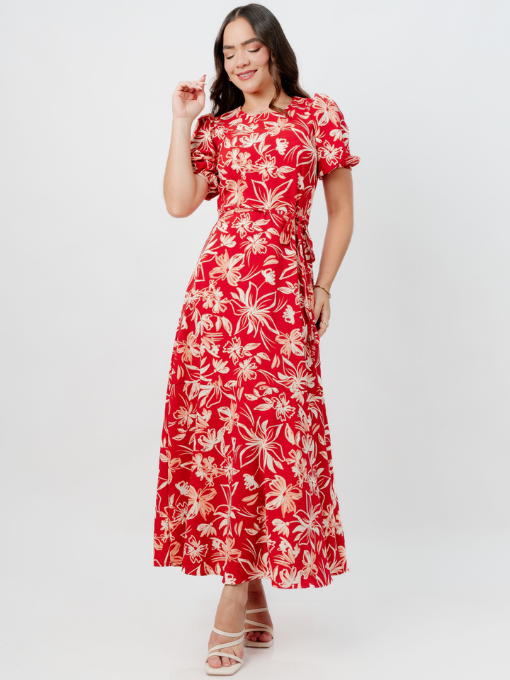 VESTIDO CASUAL LARGO OLIVIA ROJO FLOREADO
