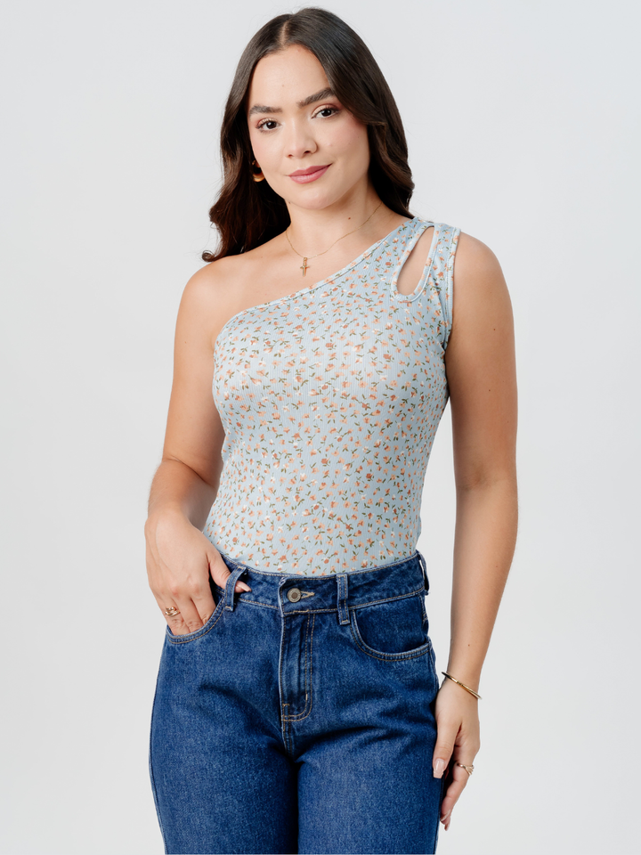 TOP ASIMETRICO MARIE CELESTE FLORES/TERRACOTA