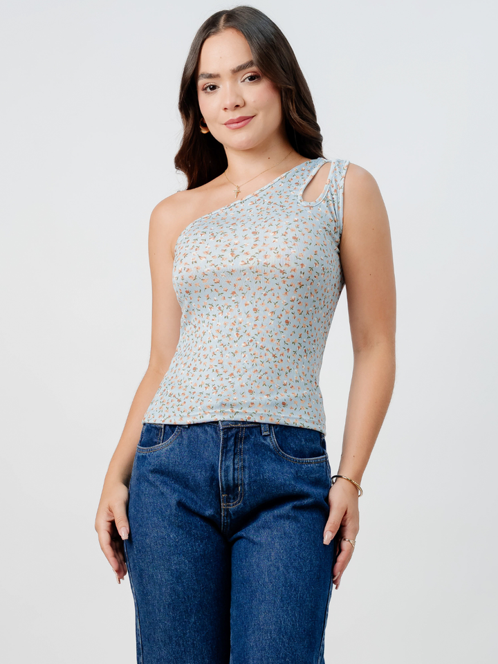 TOP ASIMETRICO MARIE CELESTE FLORES/TERRACOTA