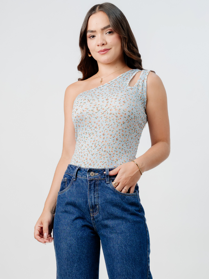 TOP ASIMETRICO MARIE CELESTE FLORES/TERRACOTA
