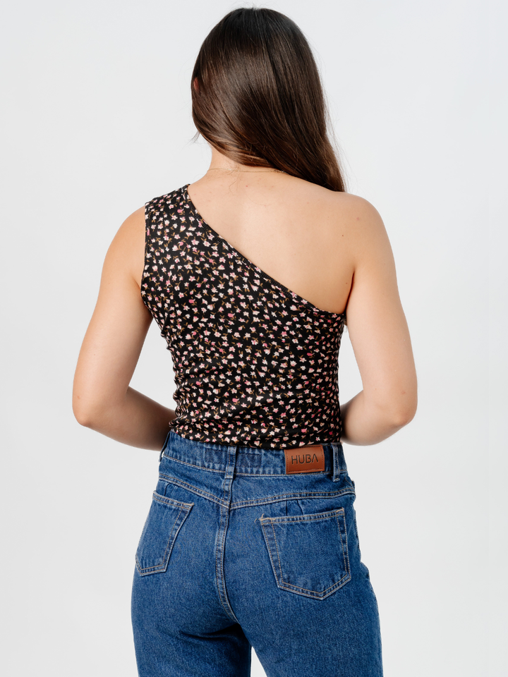 TOP ASIMETRICO MARIE NEGRO FLORES/ROSA