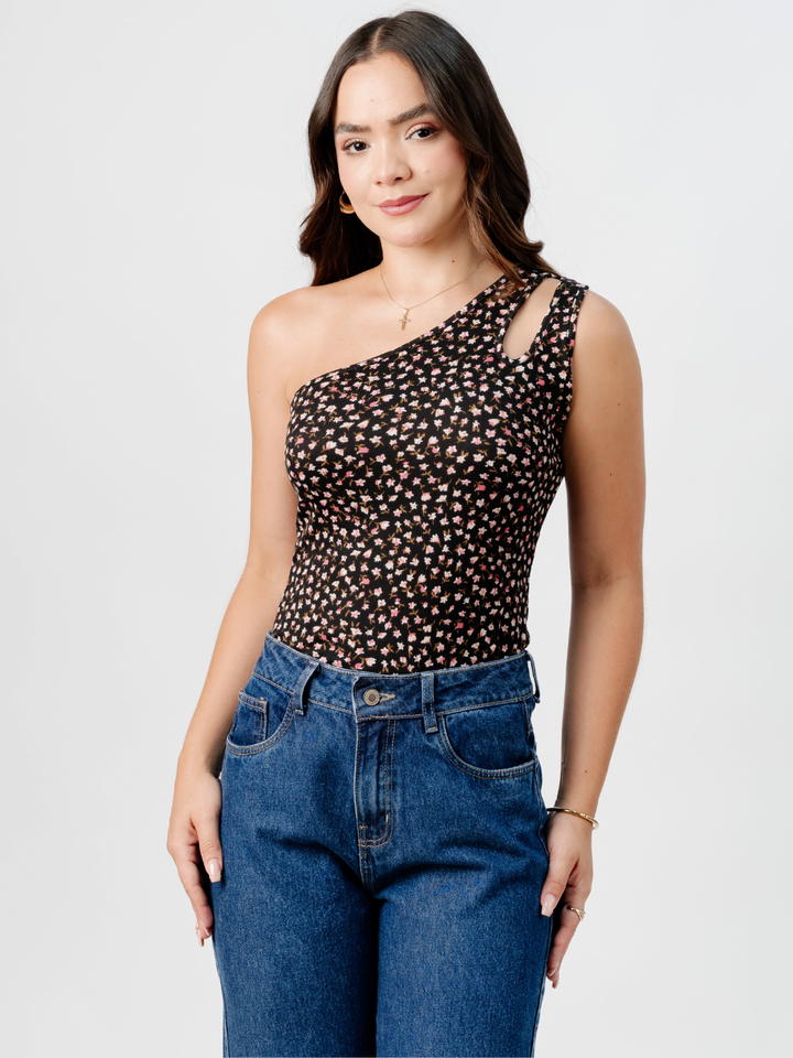 TOP ASIMETRICO MARIE NEGRO FLORES/ROSA