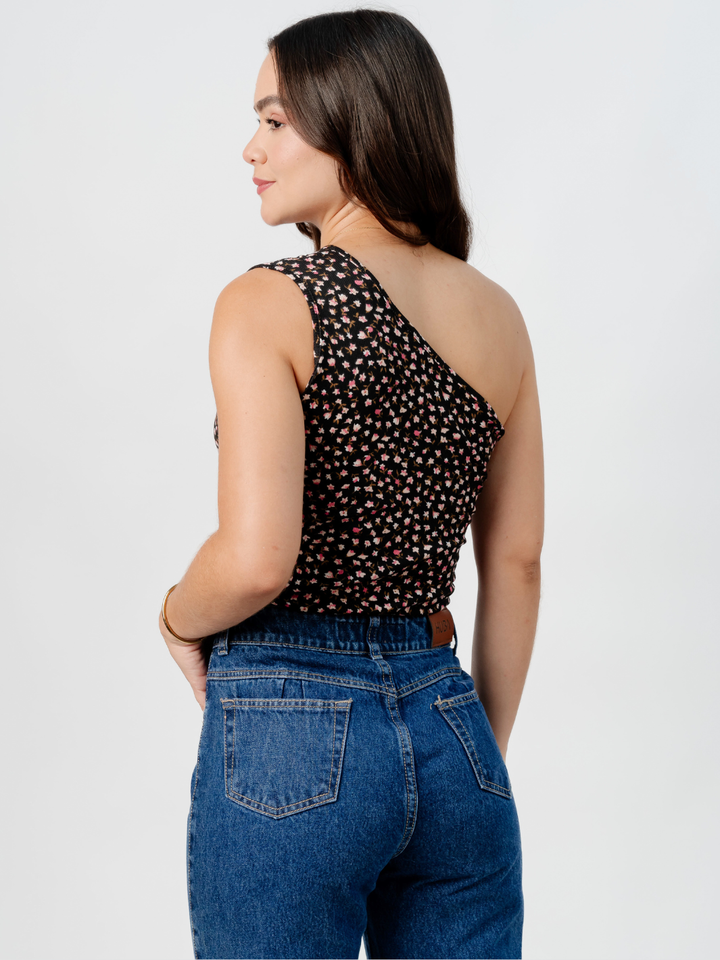 TOP ASIMETRICO MARIE NEGRO FLORES/ROSA