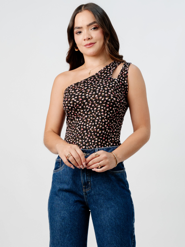 TOP ASIMETRICO MARIE NEGRO FLORES/ROSA
