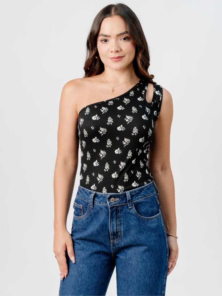 TOP ASIMETRICO MARIE NEGRO FLORES BOUQUETE