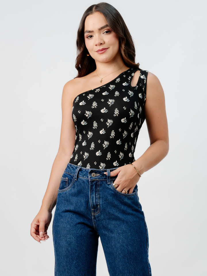 TOP ASIMETRICO MARIE NEGRO FLORES BOUQUETE