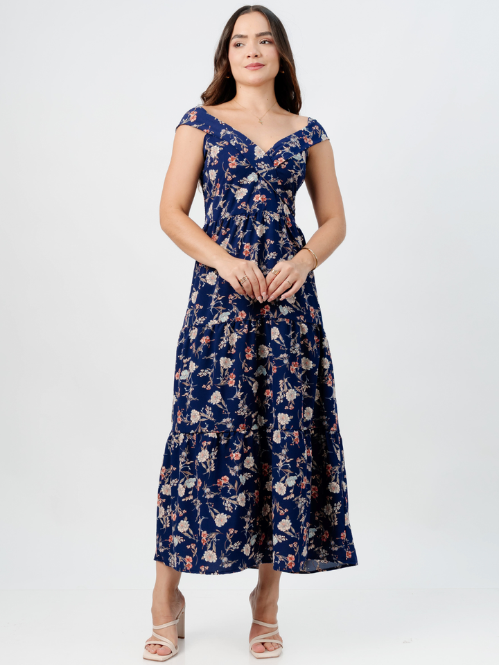 VESTIDO CASUAL CON ESCOTE SUTIL TERESA AZUL FLOREADO