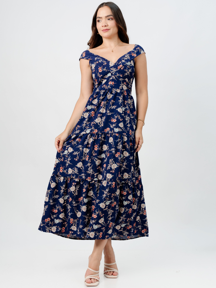 VESTIDO CASUAL CON ESCOTE SUTIL TERESA AZUL FLOREADO