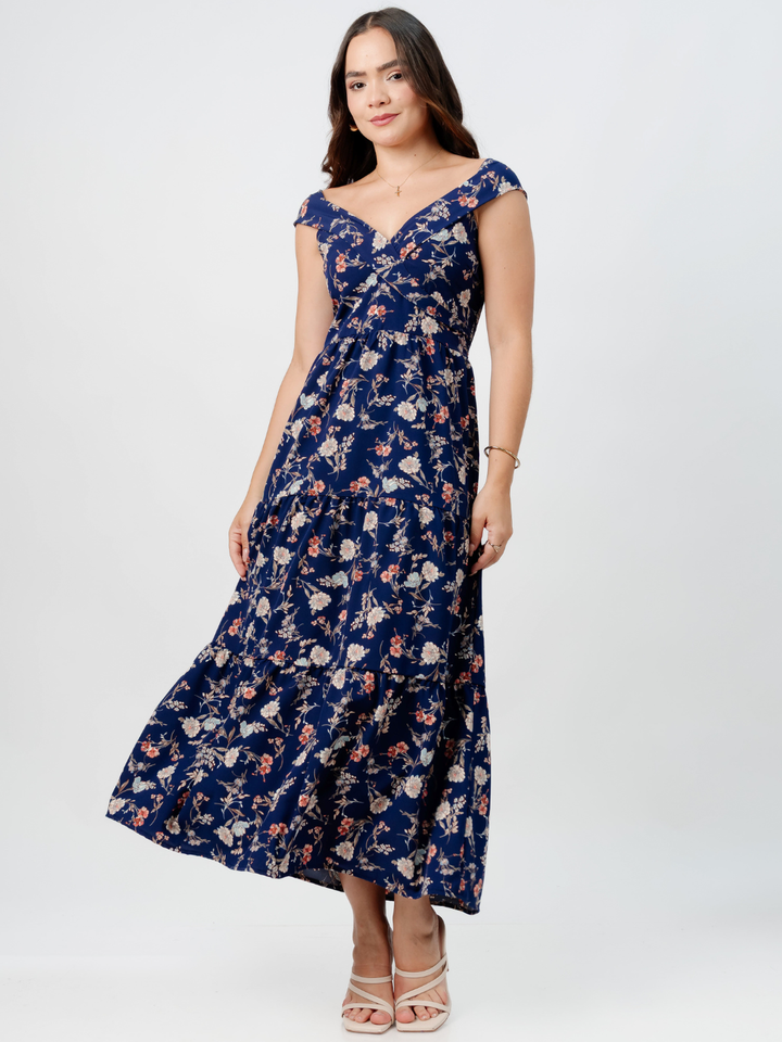 VESTIDO CASUAL CON ESCOTE SUTIL TERESA AZUL FLOREADO