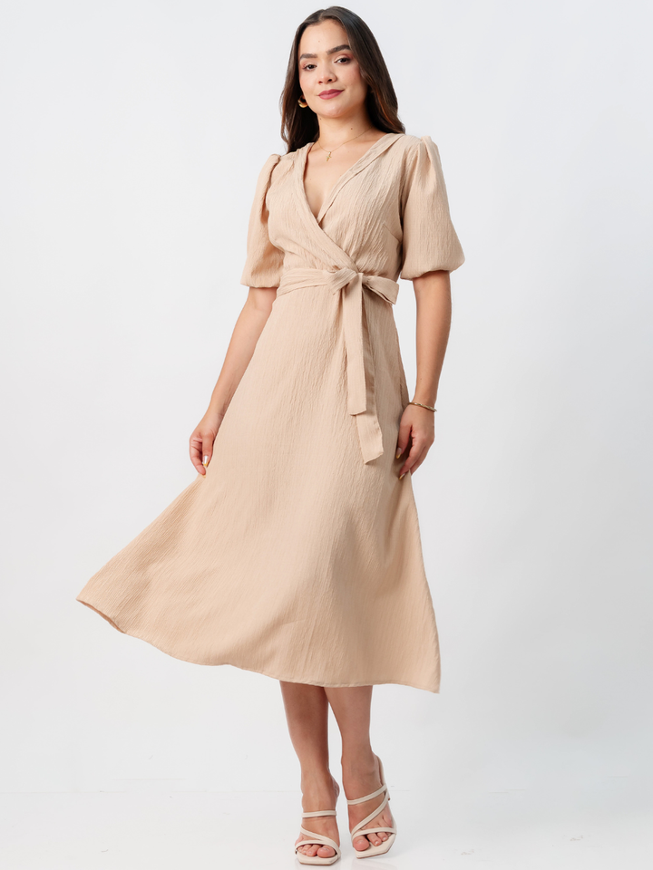 VESTIDO MIDI EN CORTE A CON LAZO SOLEDAD NUDE