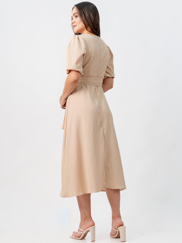 VESTIDO MIDI EN CORTE A CON LAZO SOLEDAD NUDE