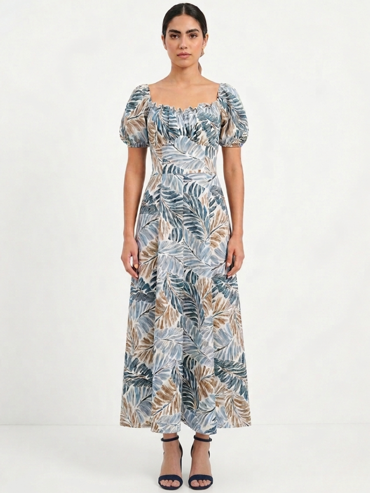 VESTIDO ROMANTICO LARGO NELLY ACERO FLOREADO