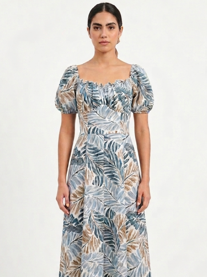 VESTIDO ROMANTICO LARGO NELLY ACERO FLOREADO