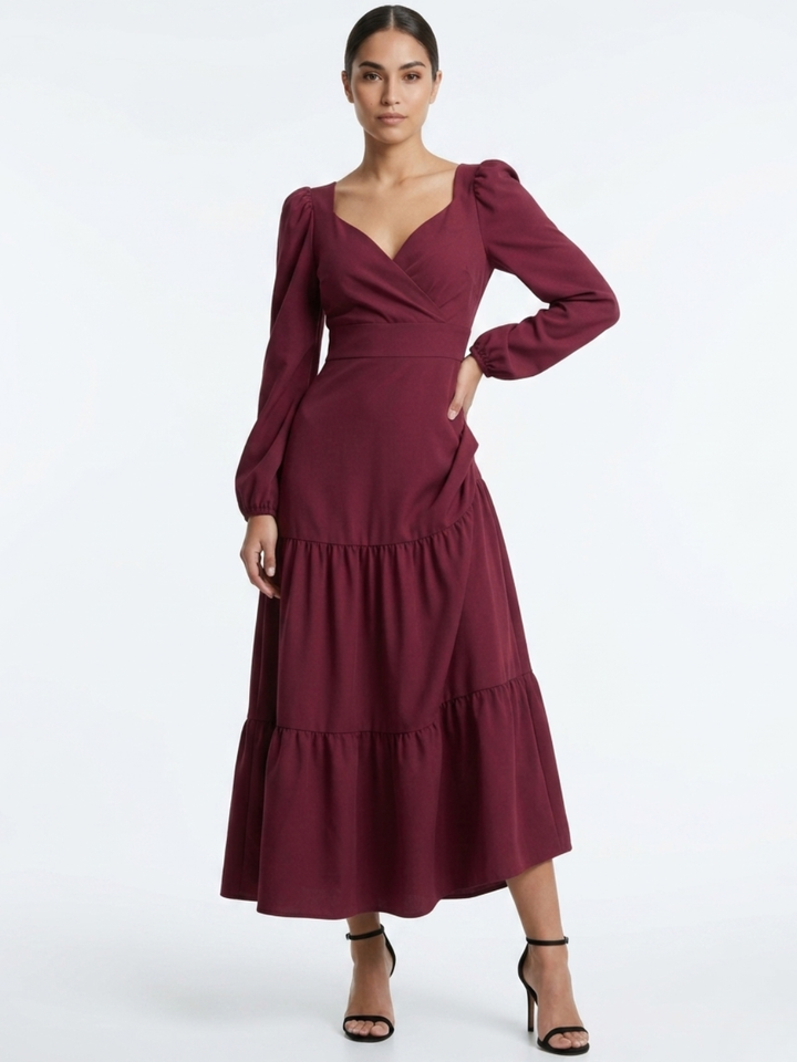 VESTIDO CASUAL LARGO CON LAZO FLORA VINO