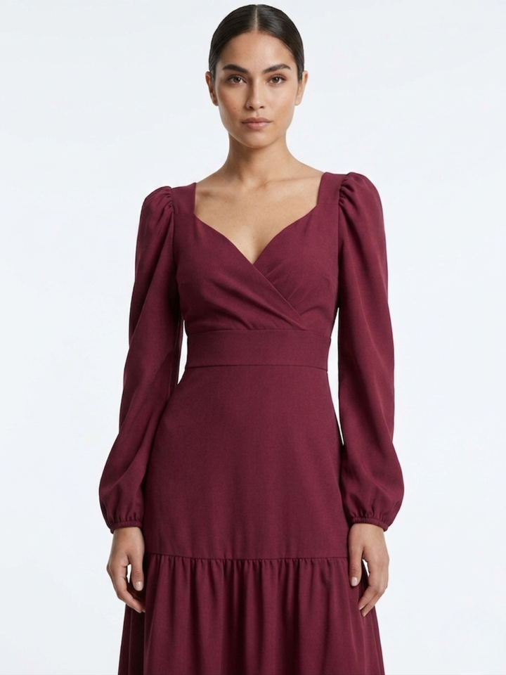 VESTIDO CASUAL LARGO CON LAZO FLORA VINO