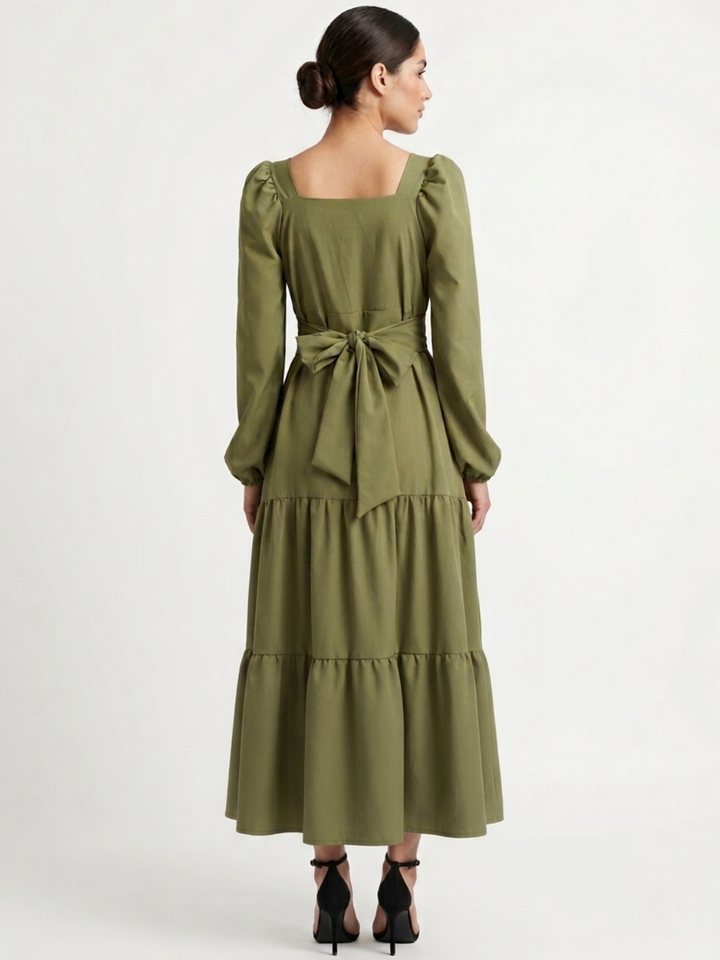 VESTIDO CASUAL LARGO CON LAZO FLORA VERDE