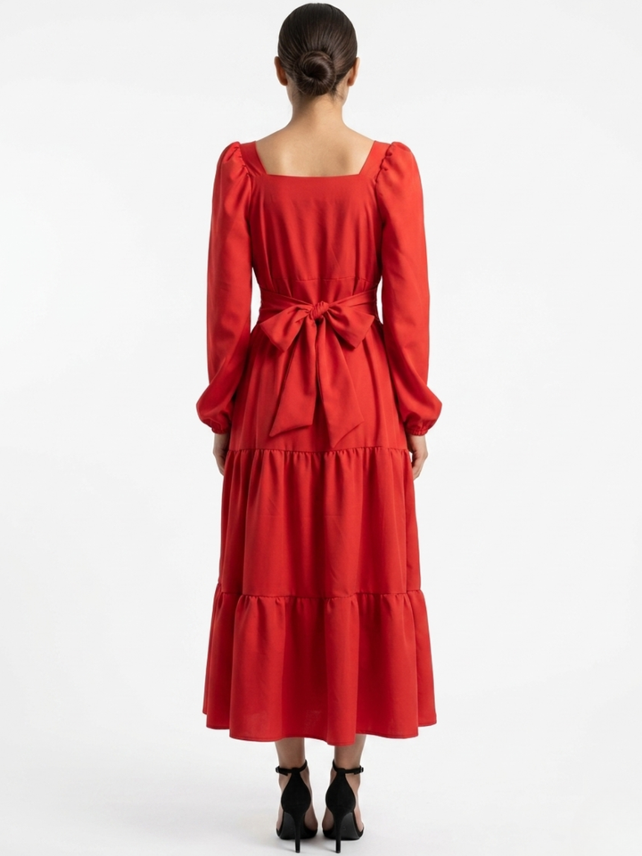 VESTIDO CASUAL LARGO CON LAZO FLORA ROJO