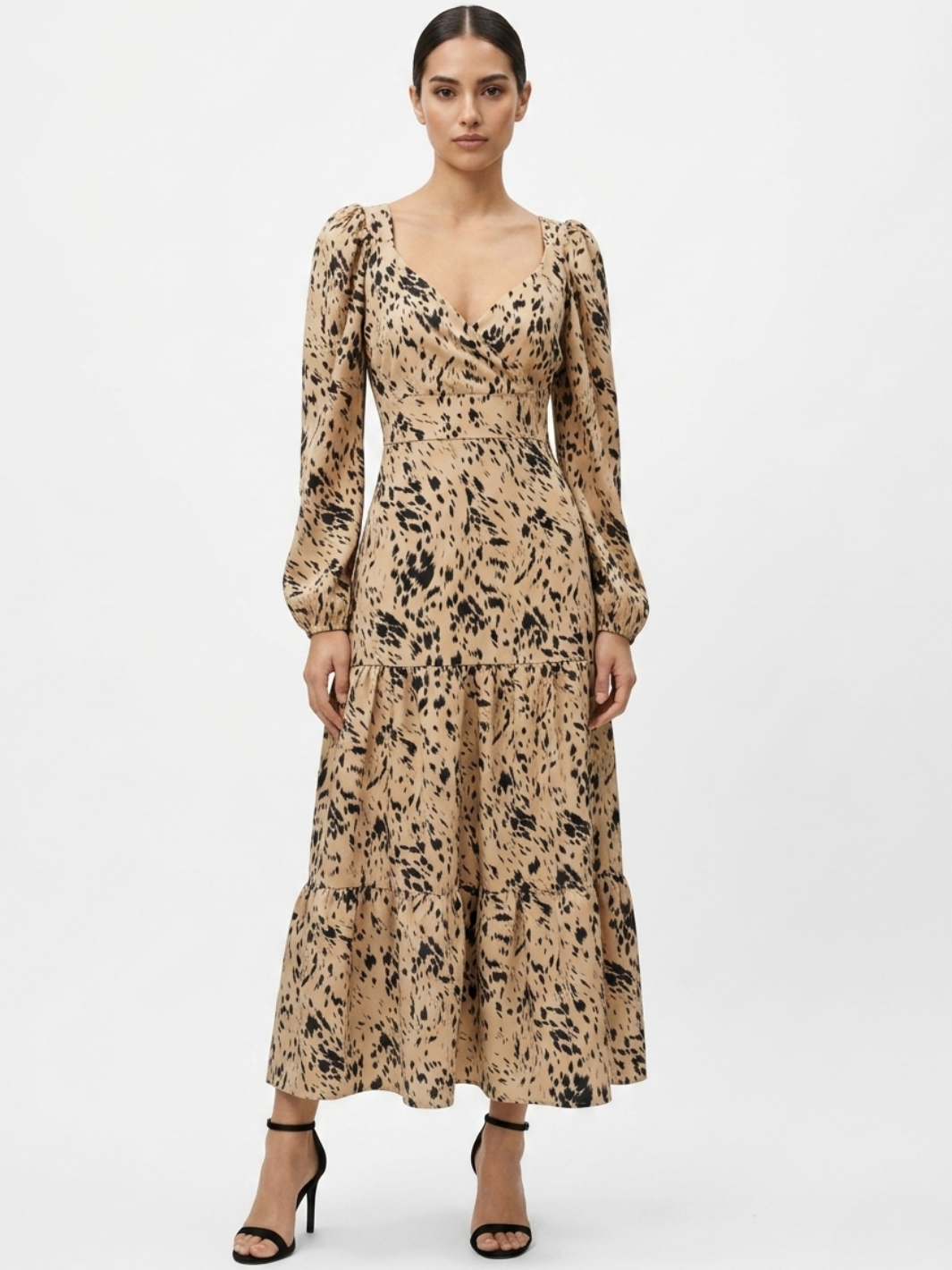 VESTIDO CASUAL LARGO CON LAZO FLORA BEIGE/NEGRO
