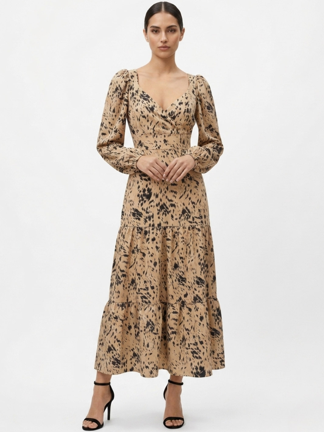 VESTIDO CASUAL LARGO CON LAZO FLORA BEIGE/NEGRO
