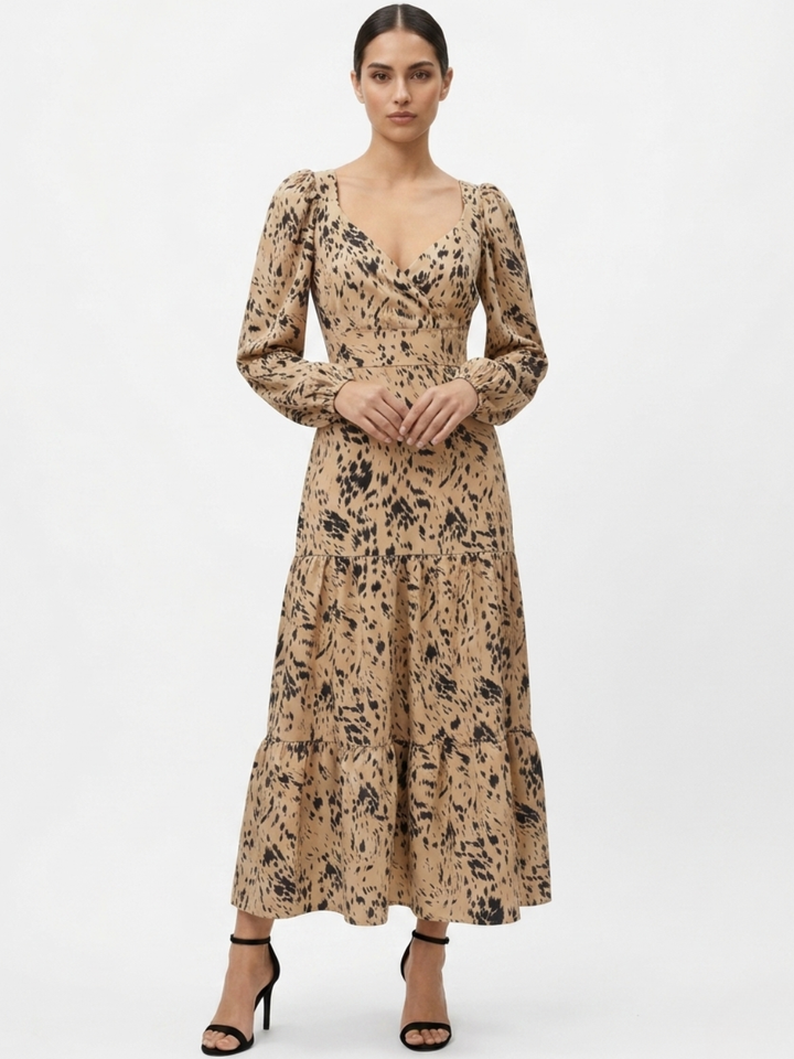 VESTIDO CASUAL LARGO CON LAZO FLORA BEIGE/NEGRO