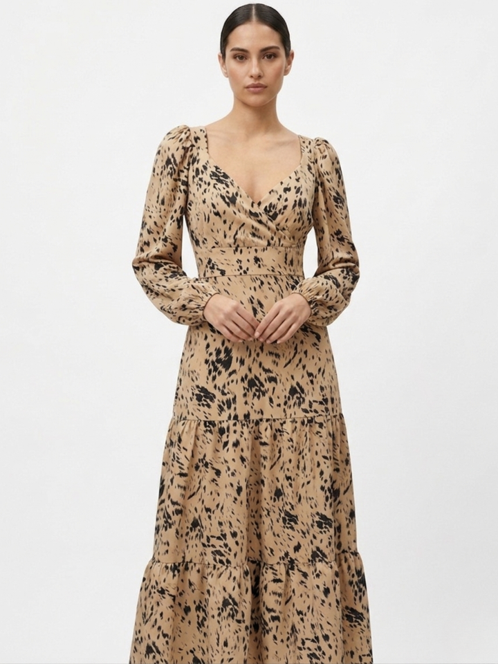 VESTIDO CASUAL LARGO CON LAZO FLORA BEIGE/NEGRO