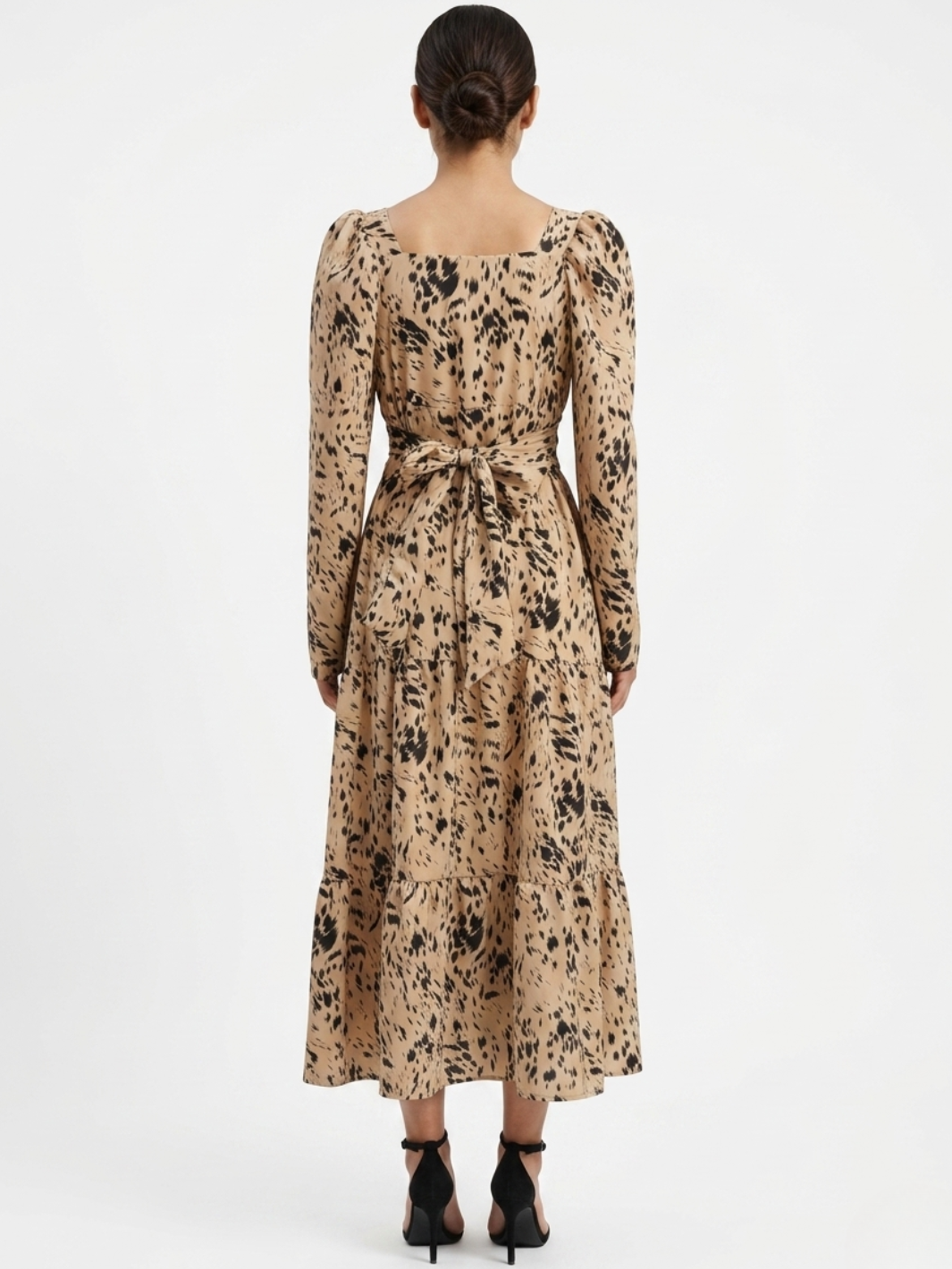 VESTIDO CASUAL LARGO CON LAZO FLORA BEIGE/NEGRO