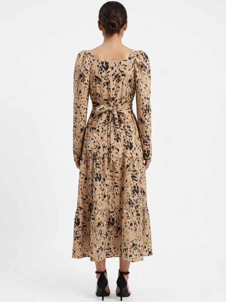 VESTIDO CASUAL LARGO CON LAZO FLORA BEIGE/NEGRO