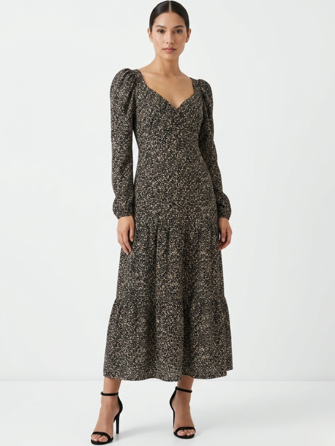 VESTIDO CASUAL LARGO CON LAZO FLORA NEGRO PRINT
