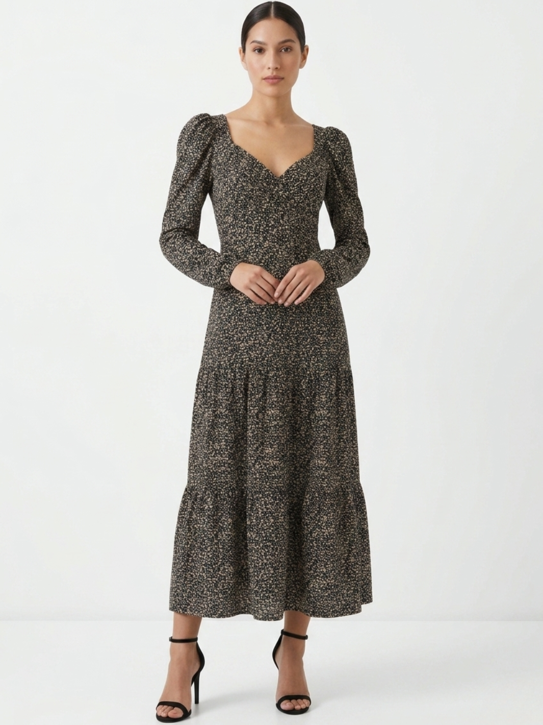 VESTIDO CASUAL LARGO CON LAZO FLORA NEGRO PRINT