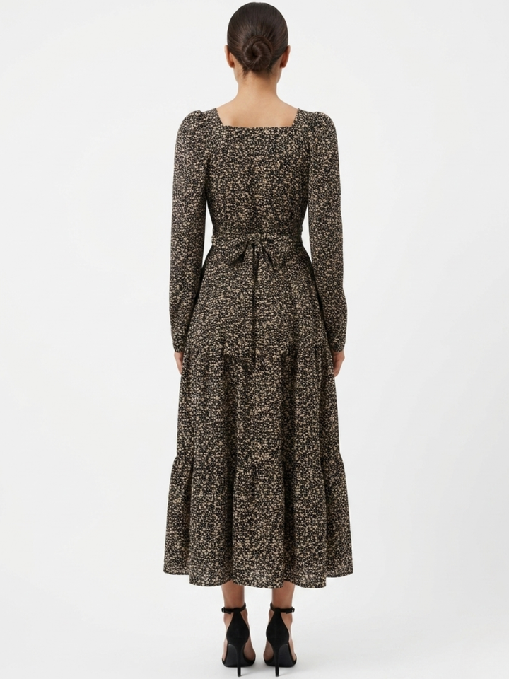 VESTIDO CASUAL LARGO CON LAZO FLORA NEGRO PRINT