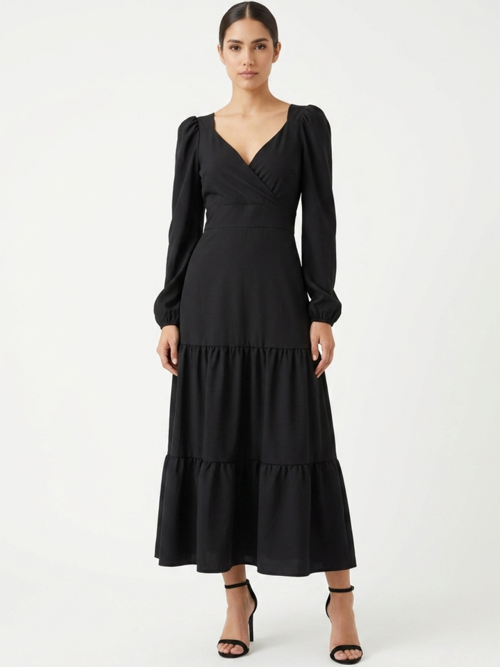 VESTIDO CASUAL LARGO CON LAZO FLORA NEGRO